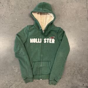 Vintage Y2K Hollister Green Fur Fleece Lined Hoodie Sweatshirt Full Zip Medium